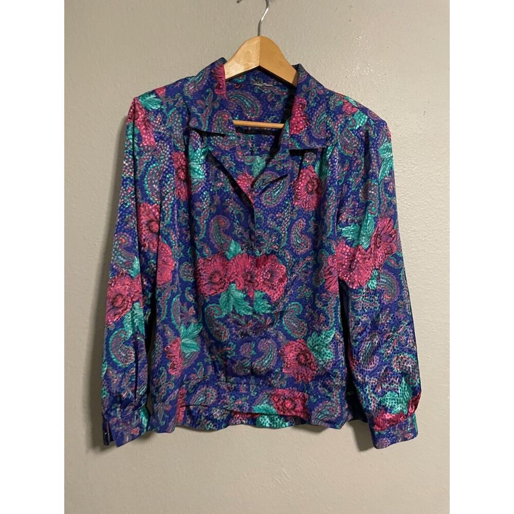 Vintage Womens Pajama Top Large Floral Paisley Satin Button Up Artsy Boho 90s